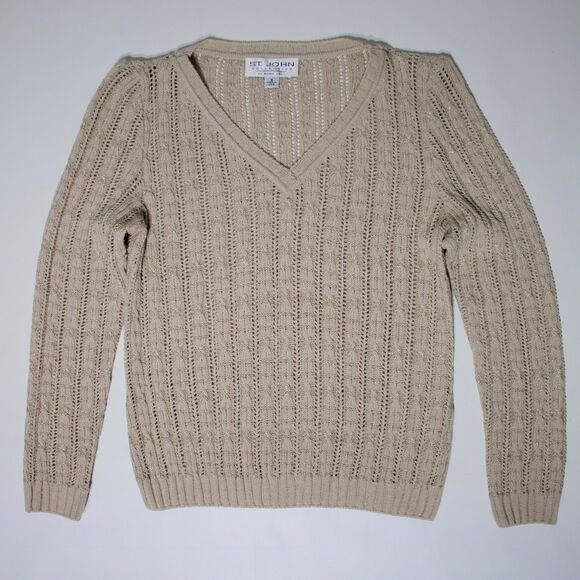 St. John Collection Marie Gray USA Gold Metallic Sparkle V-Neck Sweater Women 8 - Picture 1 of 9